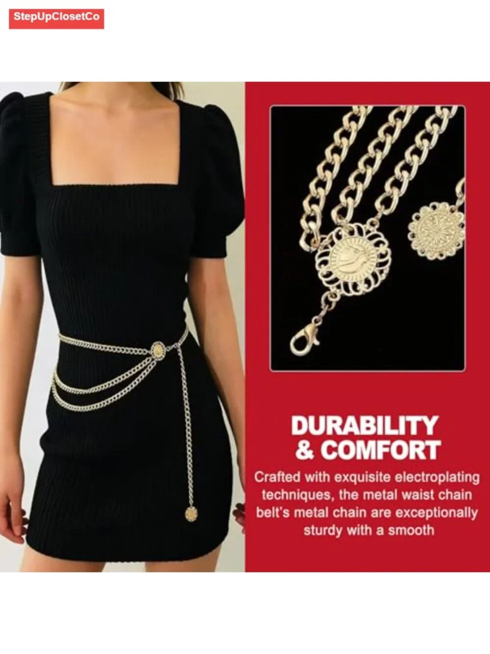 Women's Gold Chain Waist Belt, Concho Coin Pendant, Adjustable Metal Belt